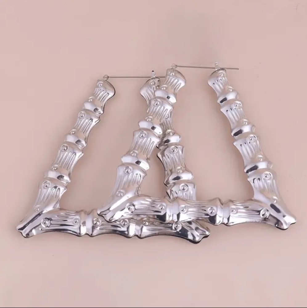 Triangular Silver Bamboo Hoops - Picture 4 of 5